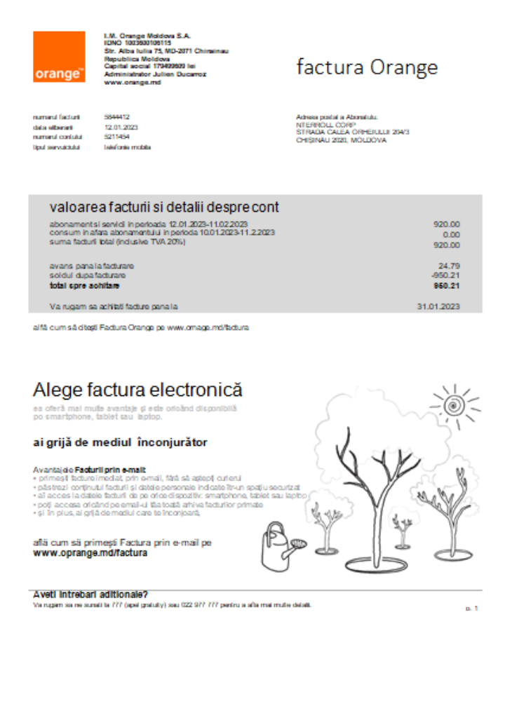 Moldova Orange Factura utility business bill, SCR PSD template